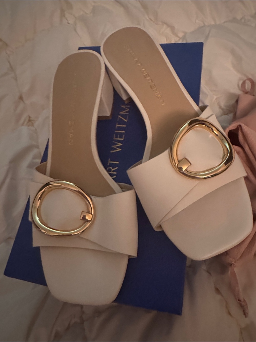 Stuart Weitzman Cream Open-Side Leather Mules with Gold Accent